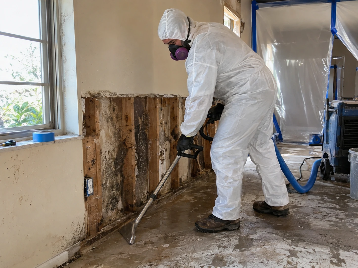 Restoration technician in a white hooded disposable coverall, half-face respirator and gloves, cleaning mold-damaged studs inside plastic containment