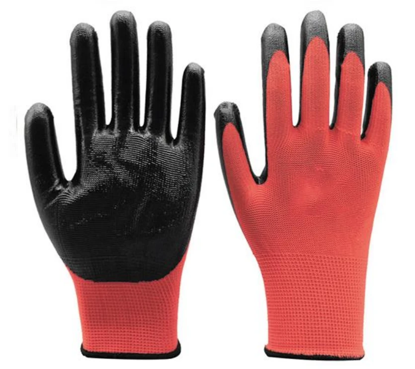 Red poly-dipped work gloves with black coated palms and fingertips